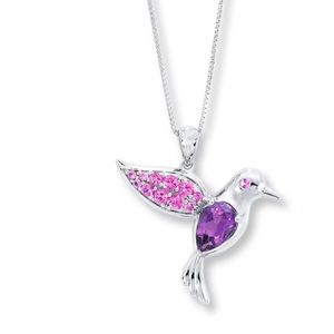 Amethyst lab created  humming bird necklace